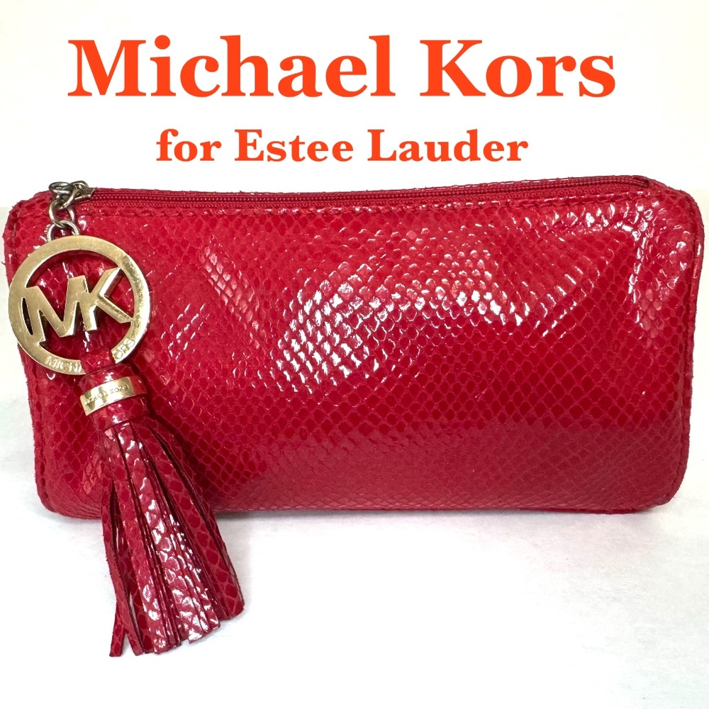 Michael Kors for Estee Lauder Cosmetic Bag/Red/Faux Snakeskin/MK Tassel Charm